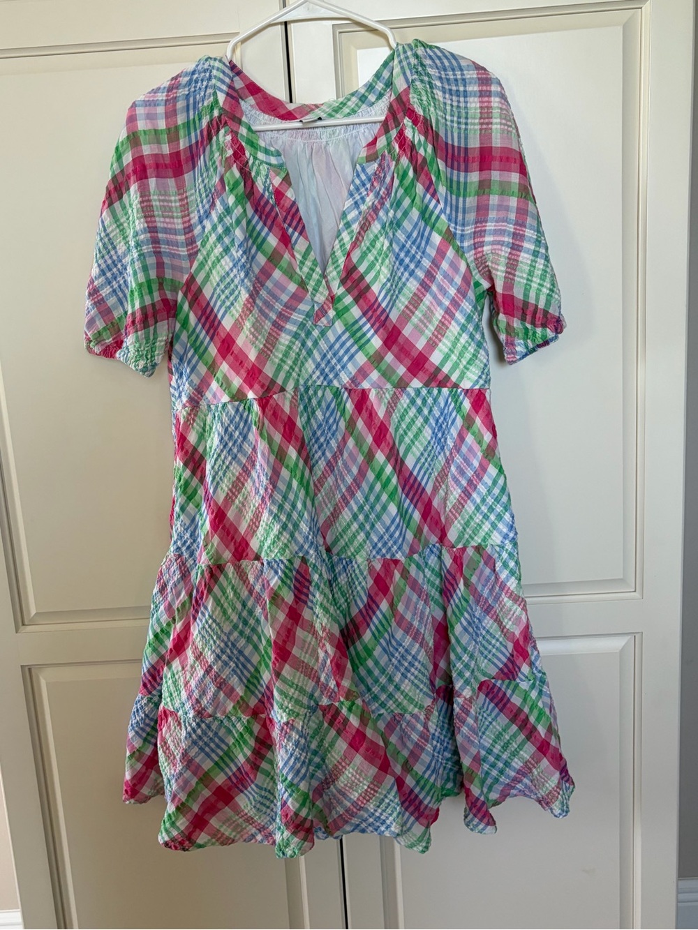 Crown & Ivy Multicolor Plaid Tiered Babydoll Puff Sleeve Mini Dress- Women’s S